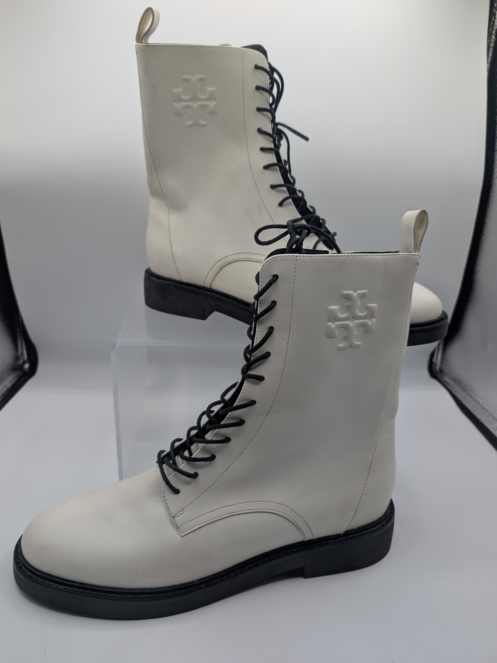 Tory Burch White Leather Lace-Up Combat Boots with Black Soles NWOT